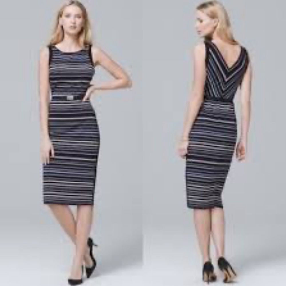 White House Black Market stripe stretch jersey lined tank style V back sheath - Picture 2 of 9